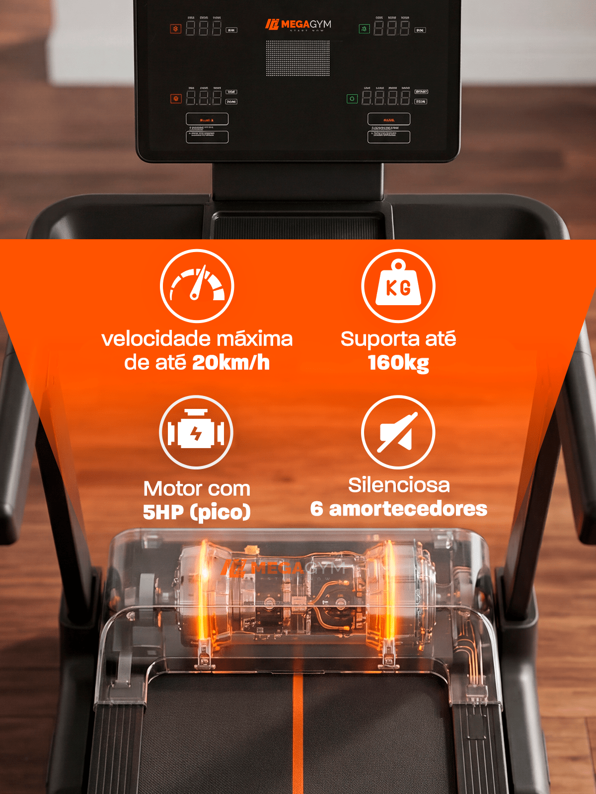Esteira Ergométrica Elétrica Smart Pace Ultra 20km/h | Motor 5.0 HPP | Bluetooth |Suporta até 160kg | Semi Profissional - MegaGym
