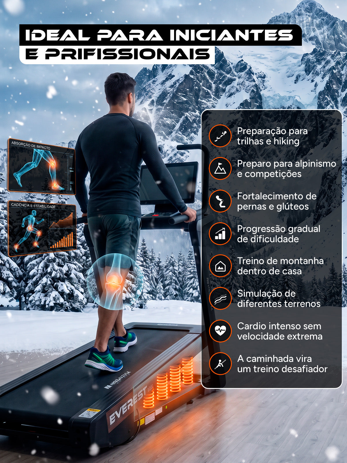 Esteira Smart Advanced Everest 49 Níveis | 49 Níveis de Inclinação Automática | Ajuste Automático de Inclinação e Intensidade | Motor de 3 HPP
