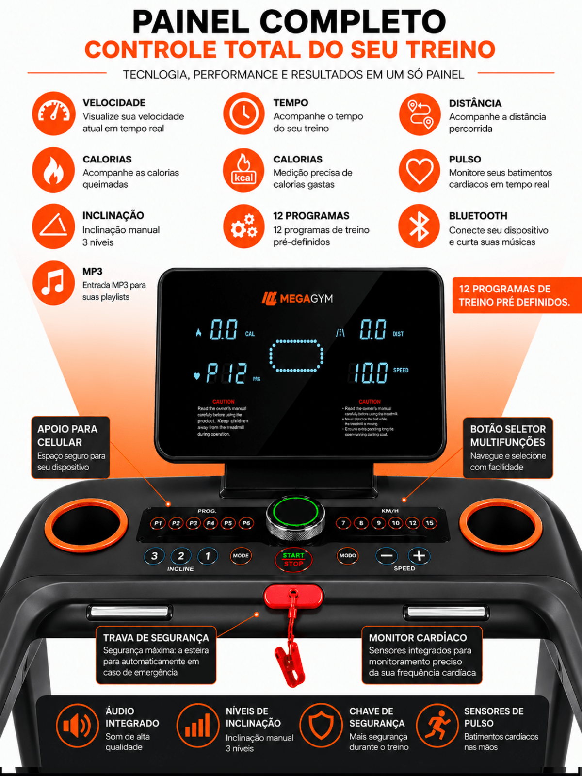 Esteira Ergométrica Elétrica Smart Pace 14km/h | Motor 2.5 HP | Bluetooth |Suporta até 120kg - MegaGym