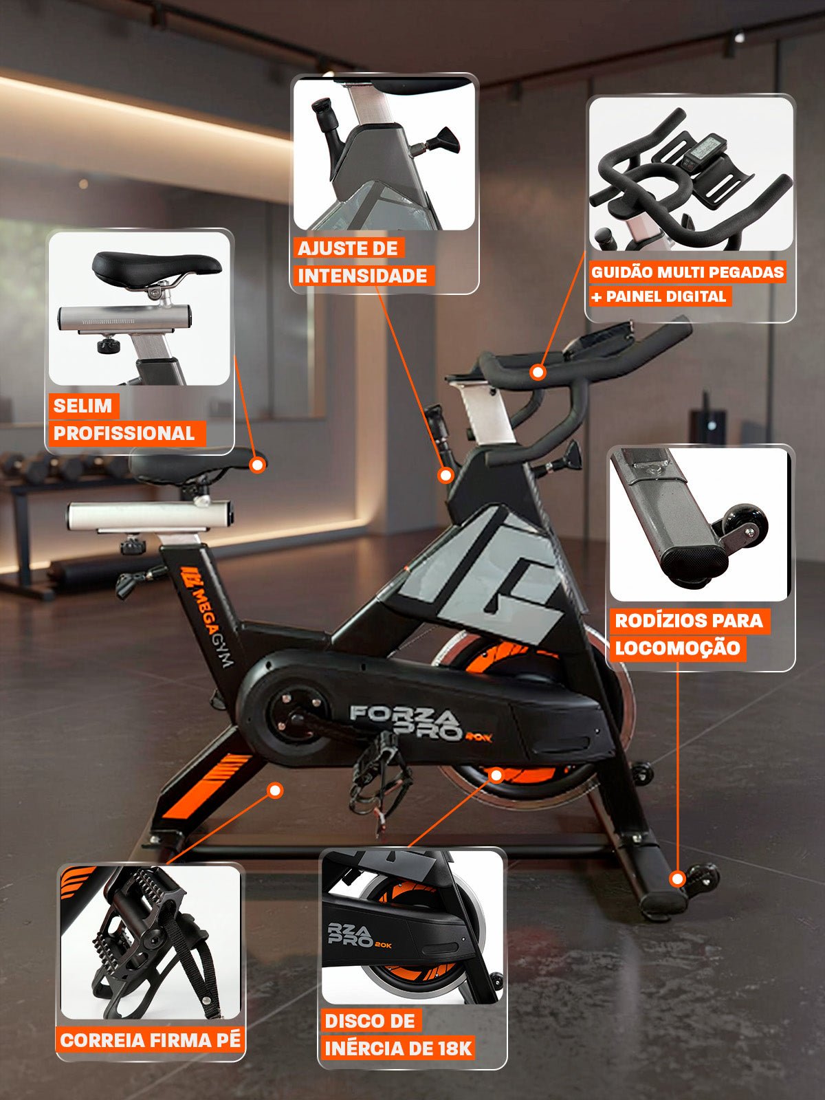 Bike Profissional Magnética Forza Pro 20K | Com Monitor Digital | Resistência Magnética | Disco de Inercia 18Kg | Suporta 170Kg - MegaGym