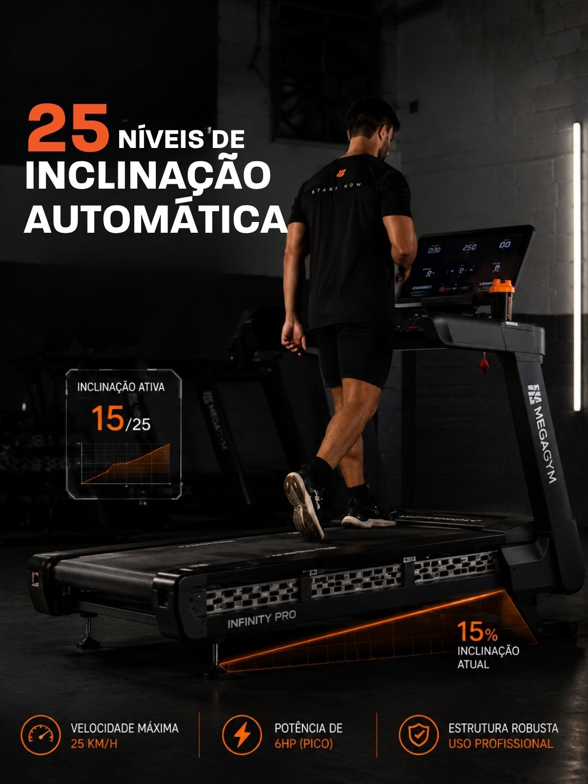 Esteira Profissional Infinity Pro | 25 km/h | Suporta 200 kg | Motor AC 6 HPP | Inclinação Automática com 25 Níveis