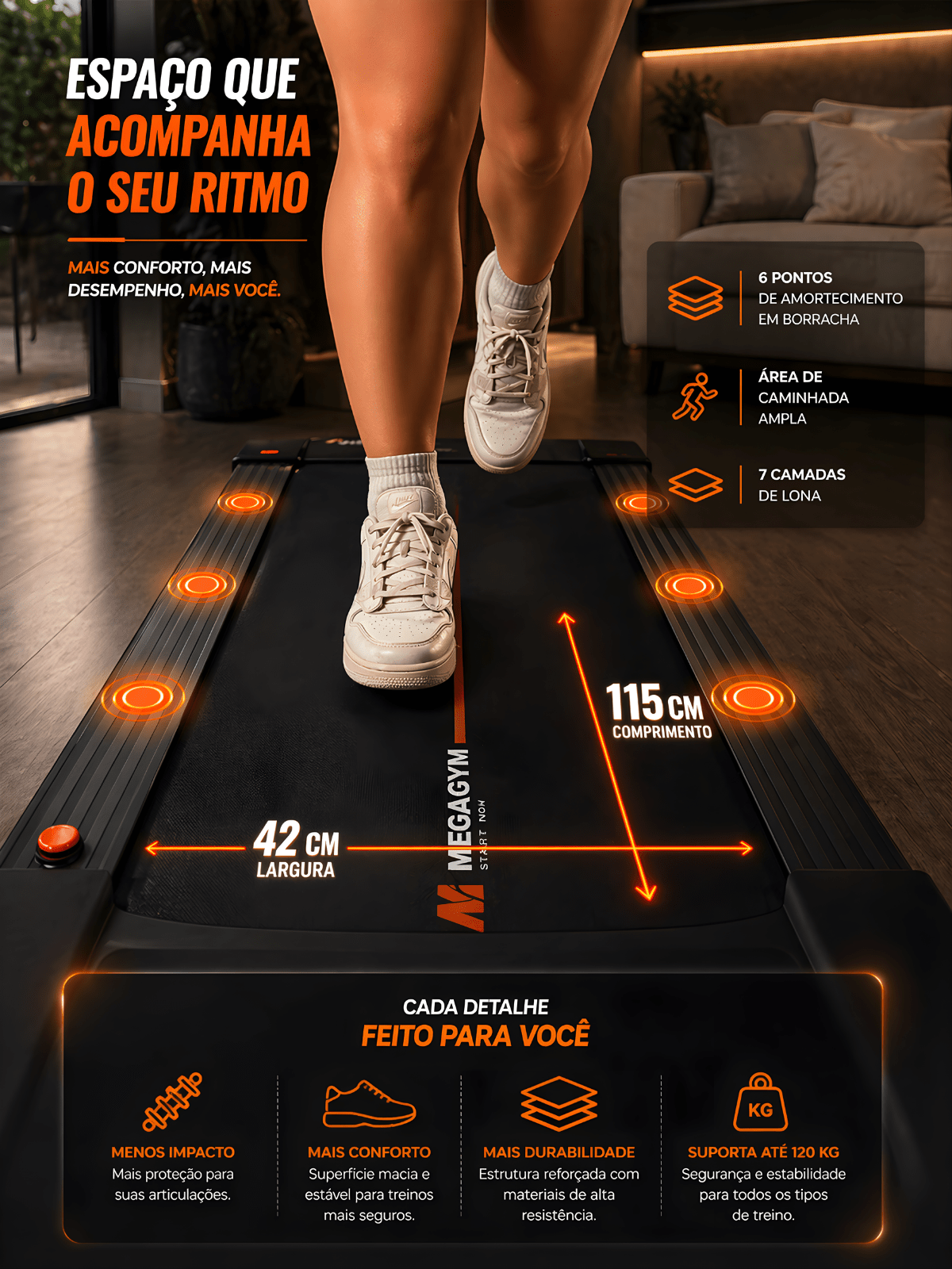 Esteira Ergométrica Elétrica Smart Pace 14km/h | Motor 2.5 HP | Bluetooth |Suporta até 120kg - MegaGym