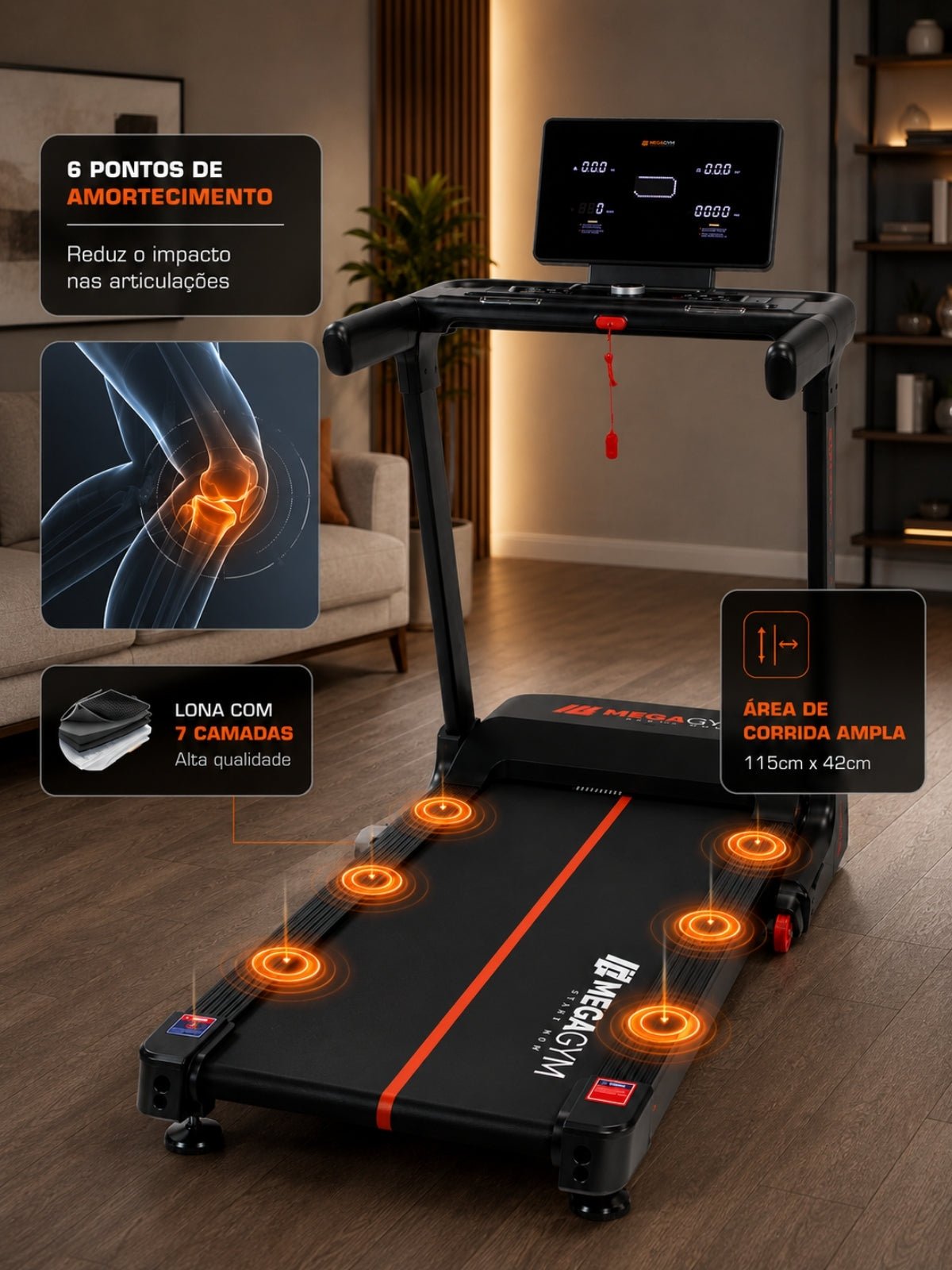 Esteira Semiprofissional Elétrica Smart Pace Ultra 20km/h | Motor 5.0 HPP | Bluetooth |Suporta até 160kg - MegaGym