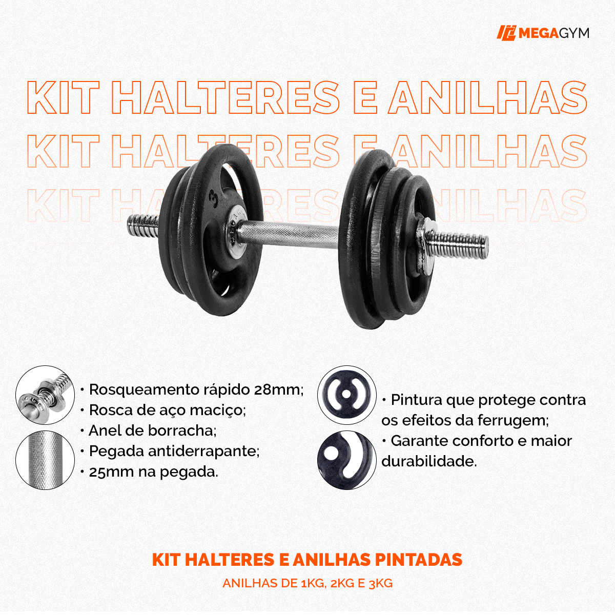 Kit Musculação Com Par De Halteres Rosca + 24Kg De Anilhas Pintadas