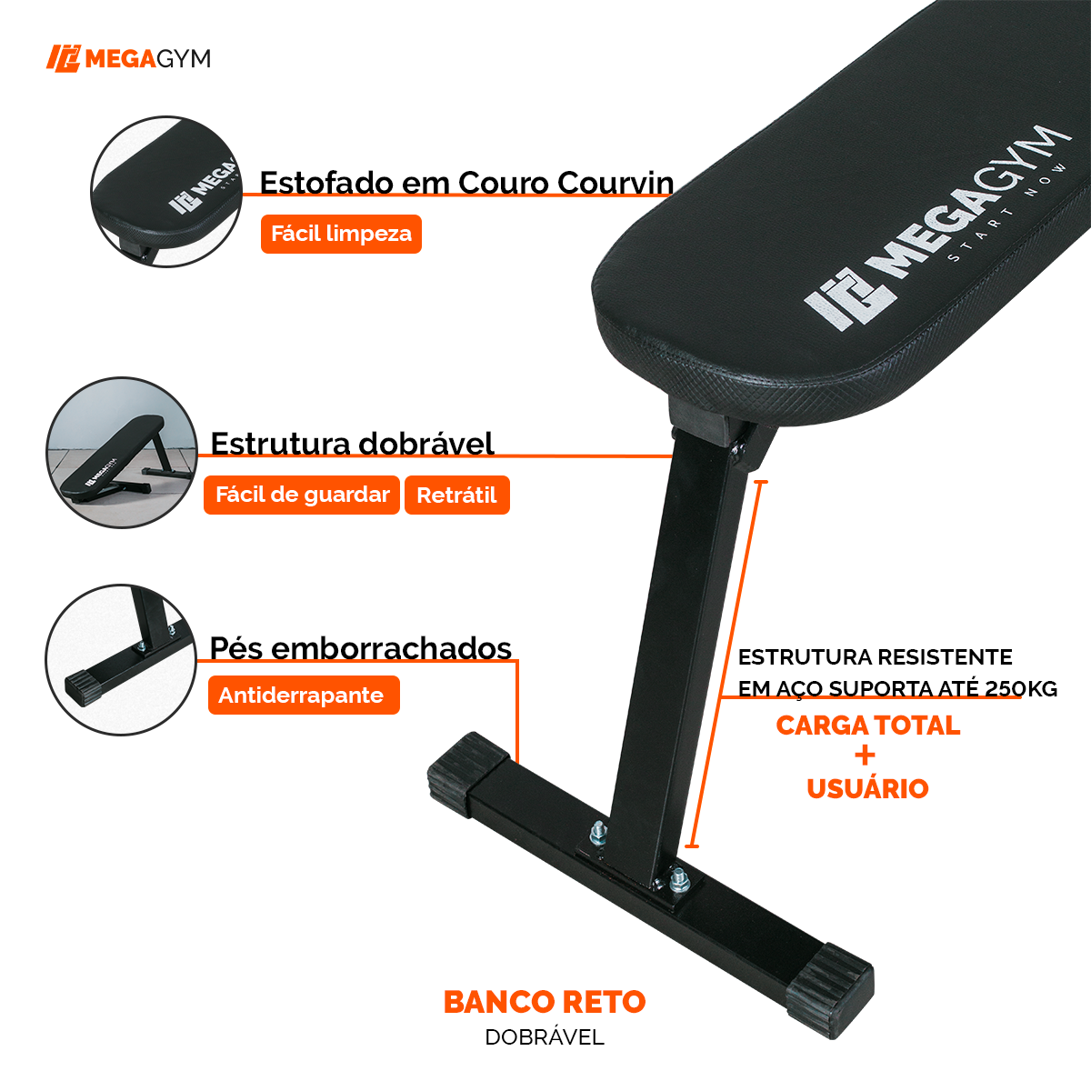 Kit Banco Reto + Colchonete Preto 90x45x2 - Preto