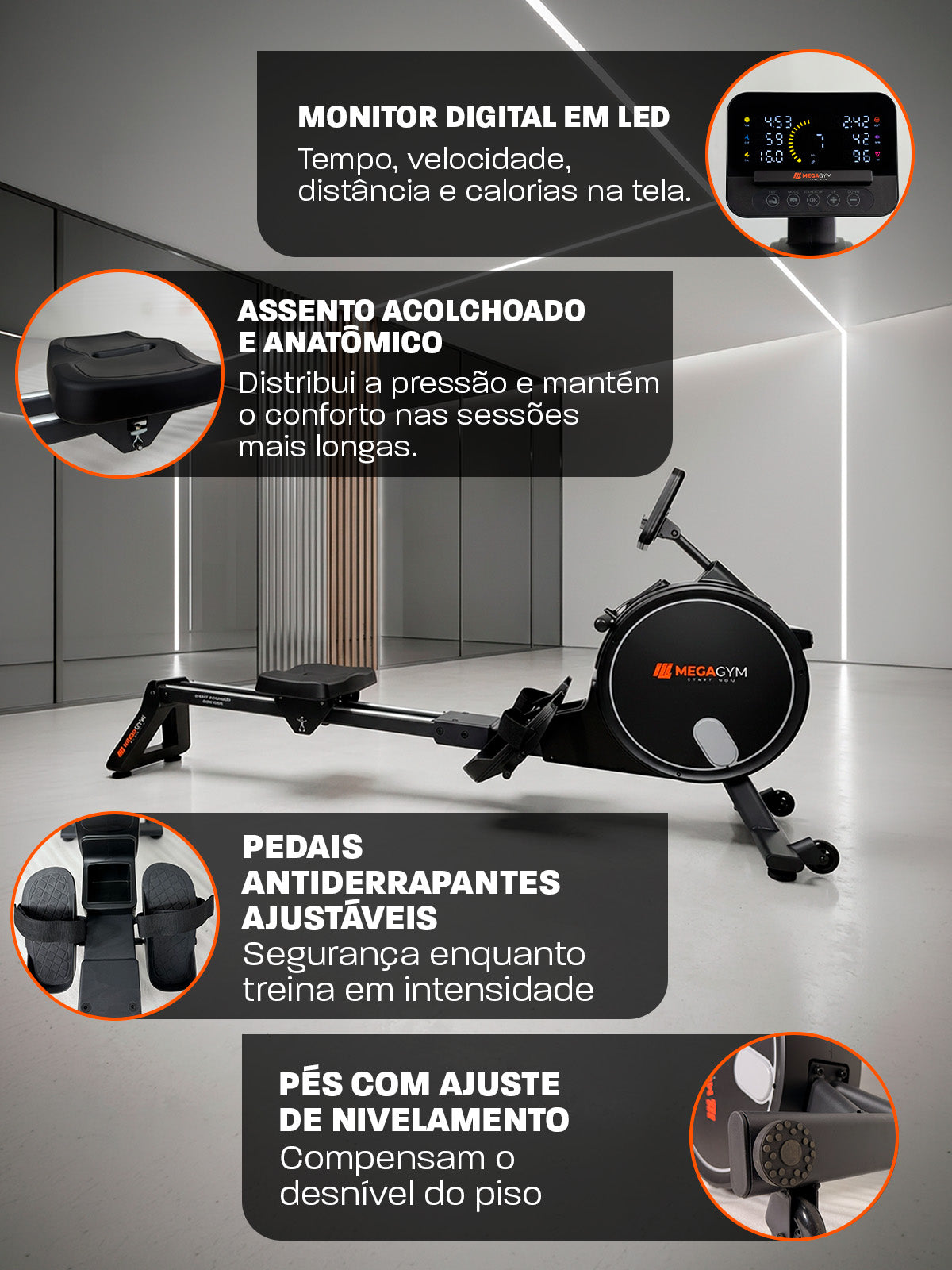 Simulador de Remo Smart Advanced Row 5000 | Ajuste Automático de Intensidade | Bluetooth | Resistência Magnética | Suporta ate 130 Kg