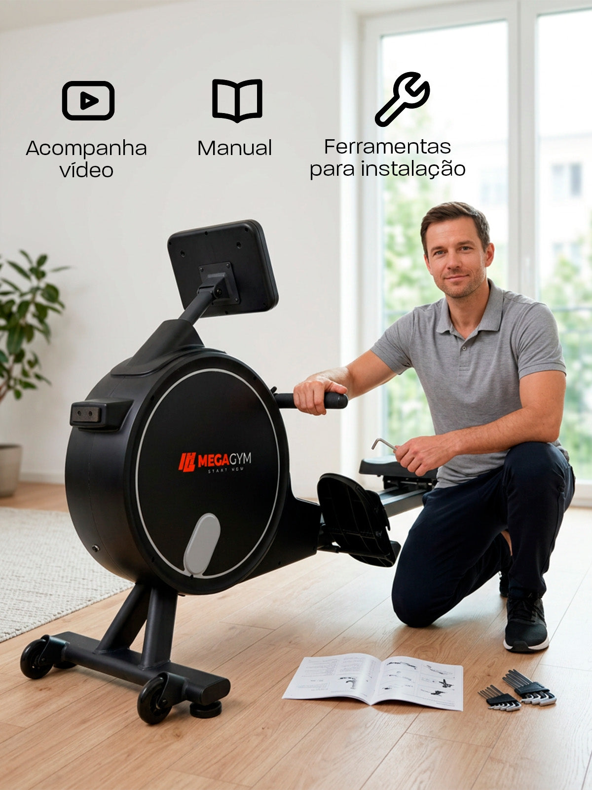 Simulador de Remo Smart Advanced Row 5000 | Ajuste Automático de Intensidade | Bluetooth | Resistência Magnética | Suporta ate 130 Kg