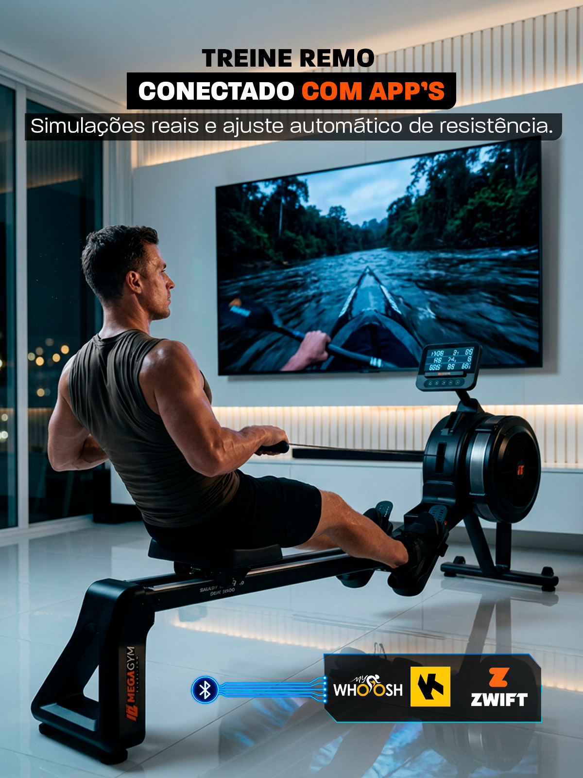 Simulador de Remo Smart Advanced Row 5000 | Ajuste Automático de Intensidade | Bluetooth | Resistência Magnética | Suporta ate 130 Kg