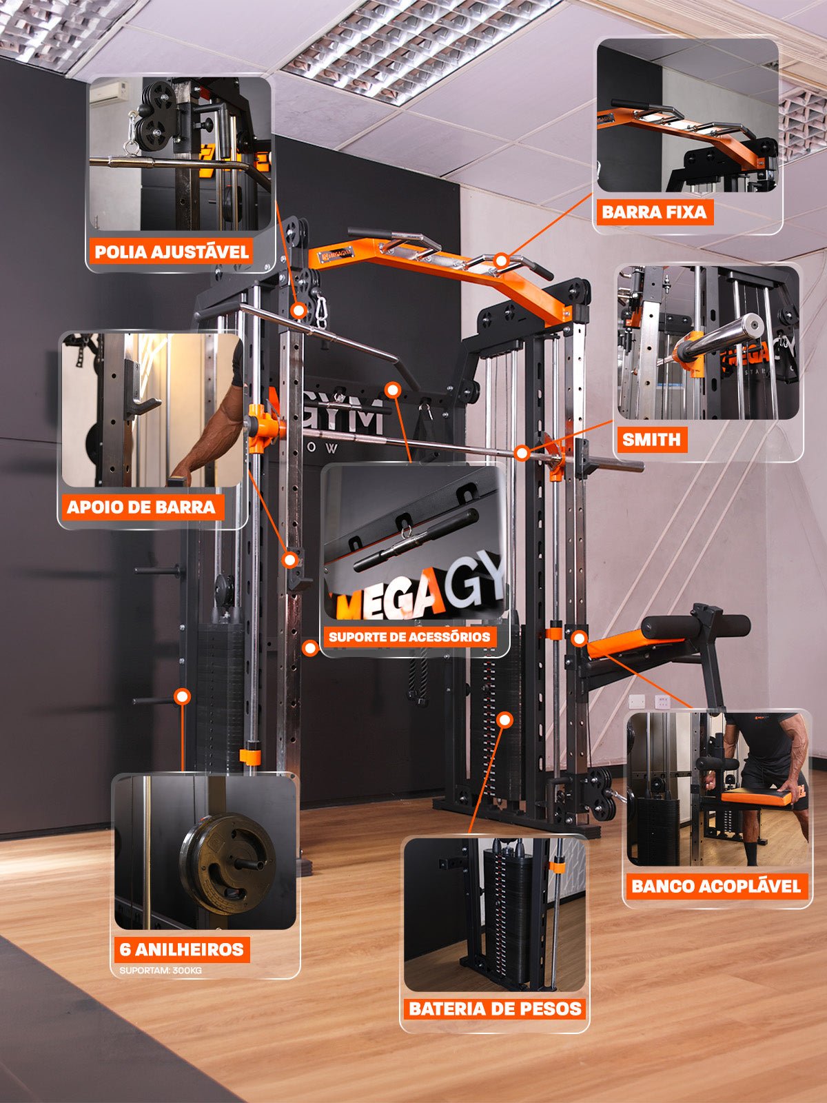 Kit 6 Multi Crossover Smith Com Rack Integrado + Barra Guiada - MegaGym