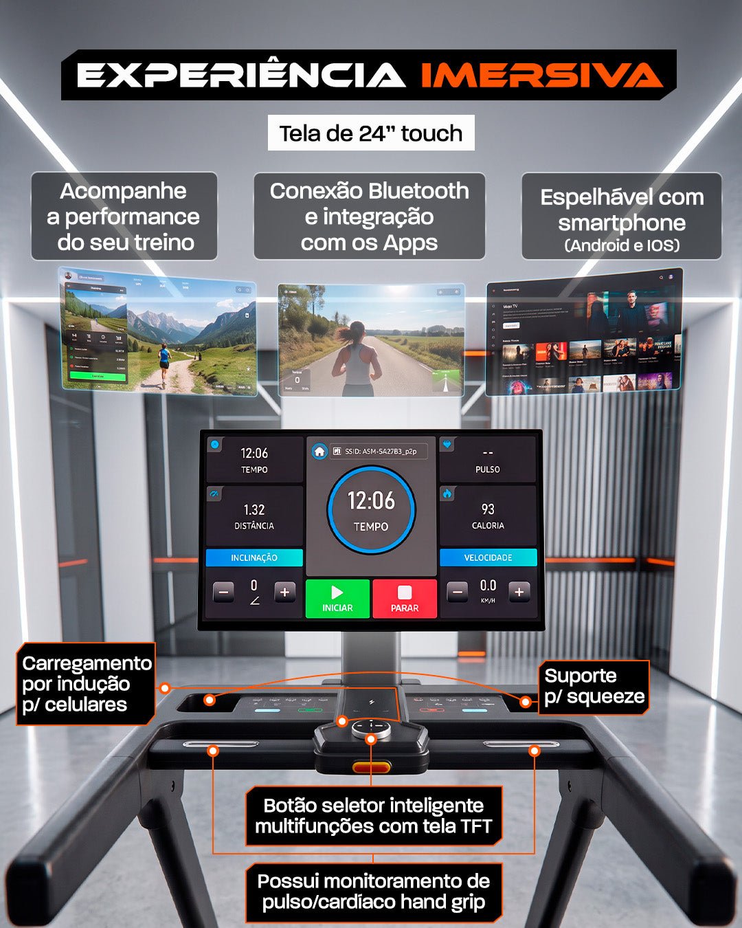 Esteira Ergométrica Elétrica SMART XPERIENCE 22 Km/h | Tela 24 polegadas | Motor 3 Hpp | 18 Níveis de inclinação Automática - MegaGym