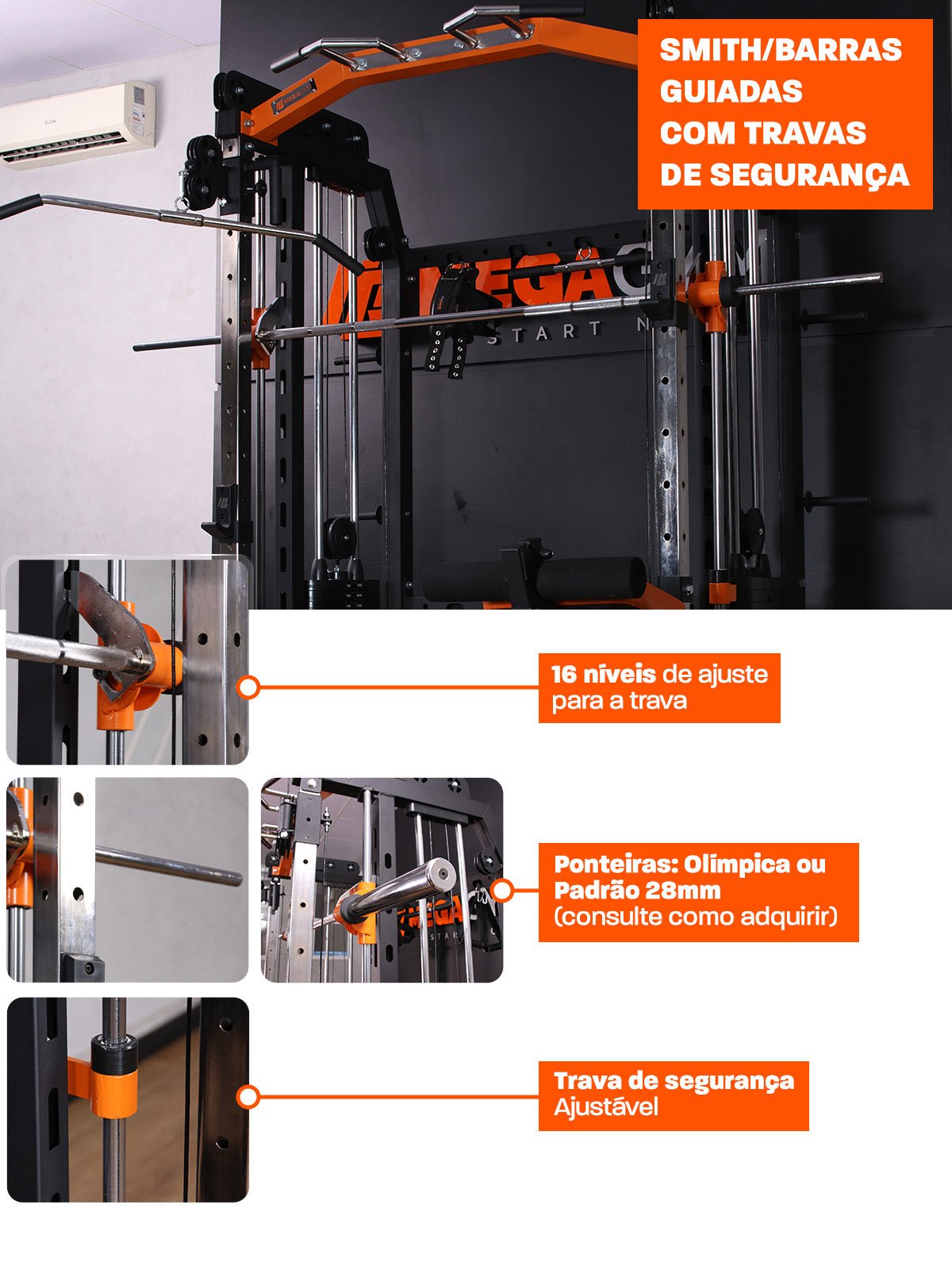 Kit 6 Multi Crossover Smith Com Rack Integrado + Barra Guiada - MegaGym