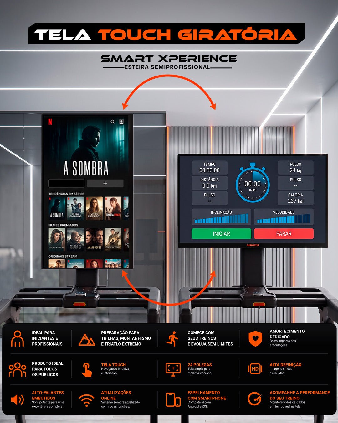 Esteira Ergométrica Elétrica SMART XPERIENCE 22 Km/h | Tela 24 polegadas | Motor 3 Hpp | 18 Níveis de inclinação Automática - MegaGym