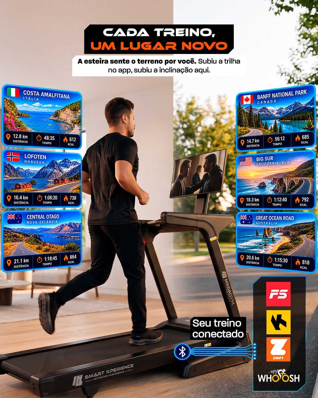 Esteira Ergométrica Elétrica SMART XPERIENCE 22 Km/h | Tela 24 polegadas | Motor 3 Hpp | 18 Níveis de inclinação Automática - MegaGym