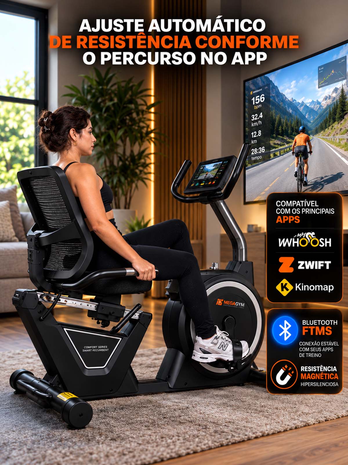 Bike Horizontal Horizon 5000 Smart Advanced | Ajuste Automático de Carga | Bluetooth | Resistência Magnética | Suporta 130Kg