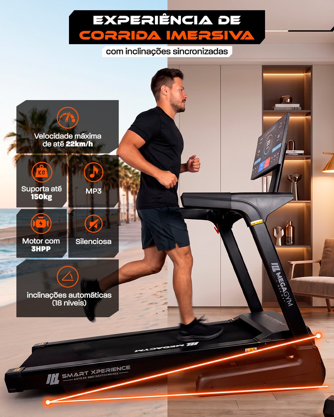 Esteira Ergométrica Elétrica SMART XPERIENCE 22 Km/h | Tela 24 polegadas | Motor 3 Hpp | 18 Níveis de inclinação Automática - MegaGym
