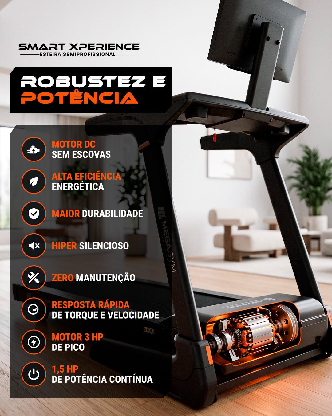 Esteira Ergométrica Elétrica SMART XPERIENCE 22 Km/h | Tela 24 polegadas | Motor 3 Hpp | 18 Níveis de inclinação Automática - MegaGym
