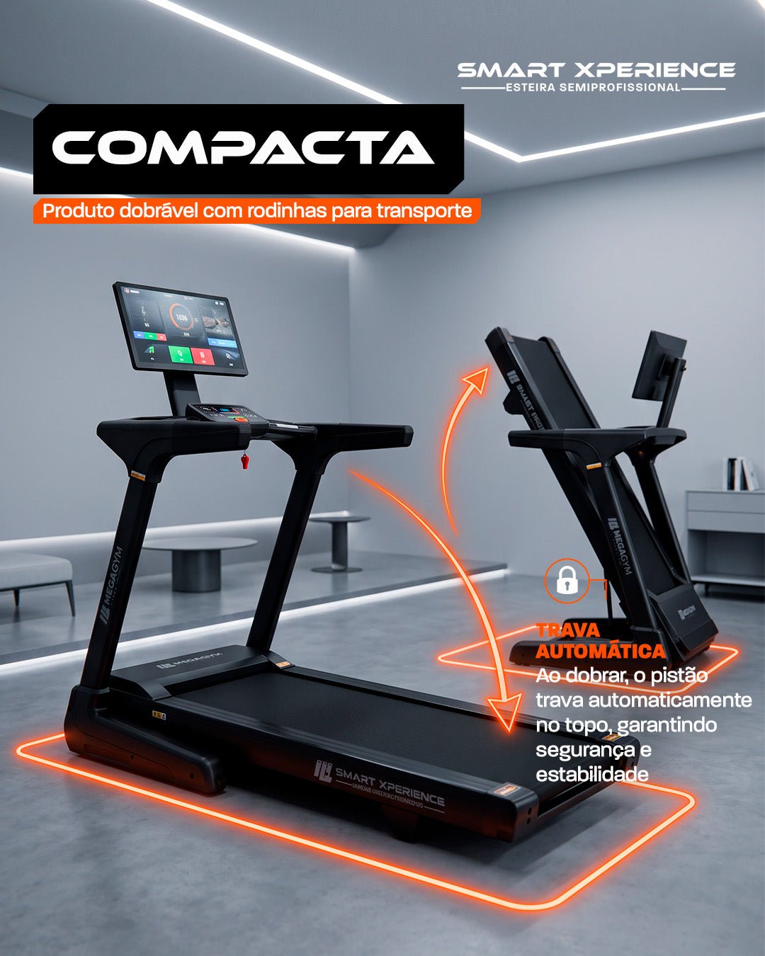 Esteira Ergométrica Elétrica SMART XPERIENCE 22 Km/h | Tela 24 polegadas | Motor 3 Hpp | 18 Níveis de inclinação Automática - MegaGym