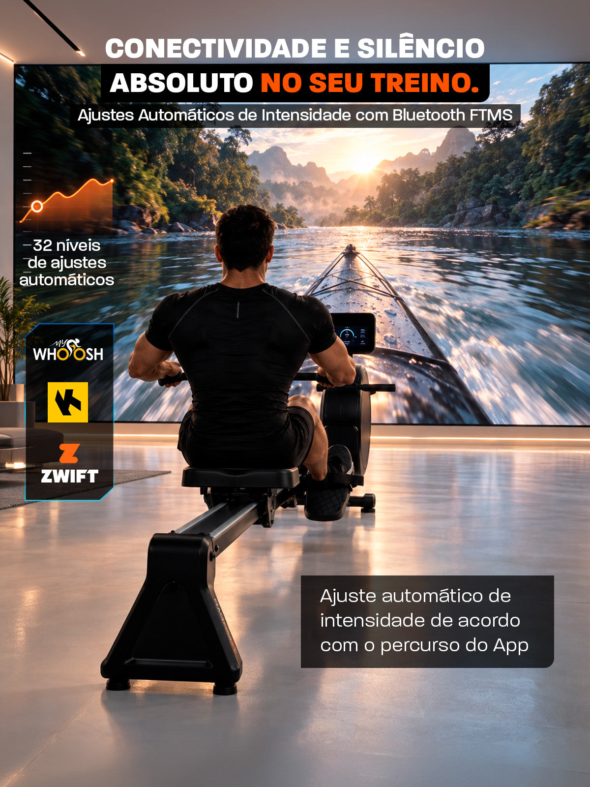 Simulador de Remo Smart Advanced Row 5000 | Ajuste Automático de Intensidade | Bluetooth | Resistência Magnética | Suporta ate 130 Kg