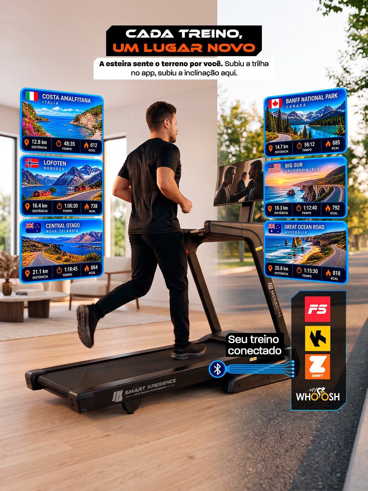 Esteira Ergométrica Elétrica SMART XPERIENCE 22 Km/h | Tela Touch 24 | 18 Níveis de inclinação Automática Sincronizada aos Apps | Motor 3 Hpp - MegaGym