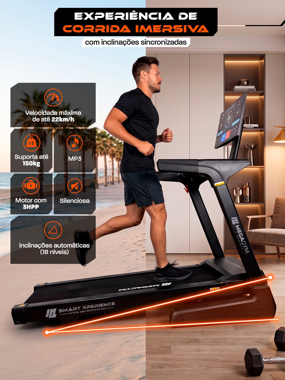 Esteira Ergométrica Elétrica SMART XPERIENCE 22 Km/h | Tela Touch 24 | 18 Níveis de inclinação Automática Sincronizada aos Apps | Motor 3 Hpp - MegaGym