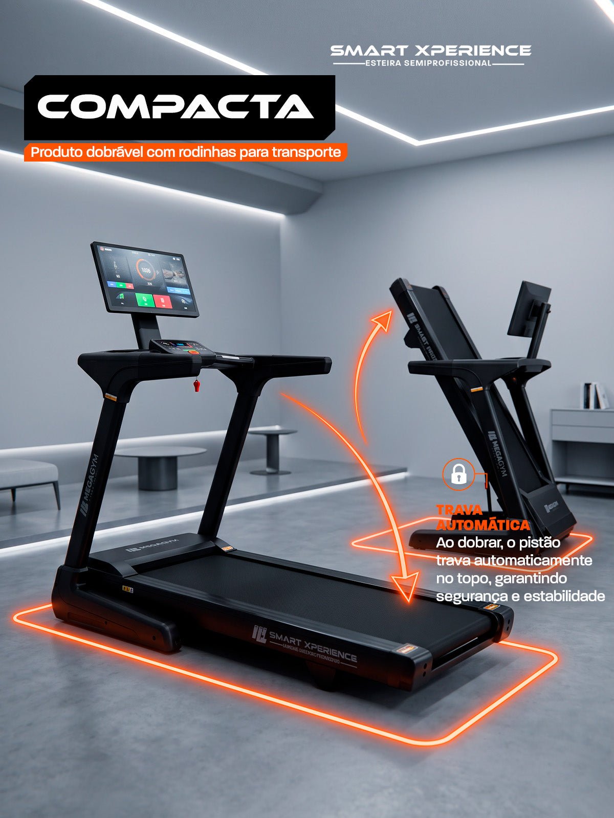 Esteira Ergométrica Elétrica SMART XPERIENCE 22 Km/h | Tela Touch 24 | 18 Níveis de inclinação Automática Sincronizada aos Apps | Motor 3 Hpp - MegaGym
