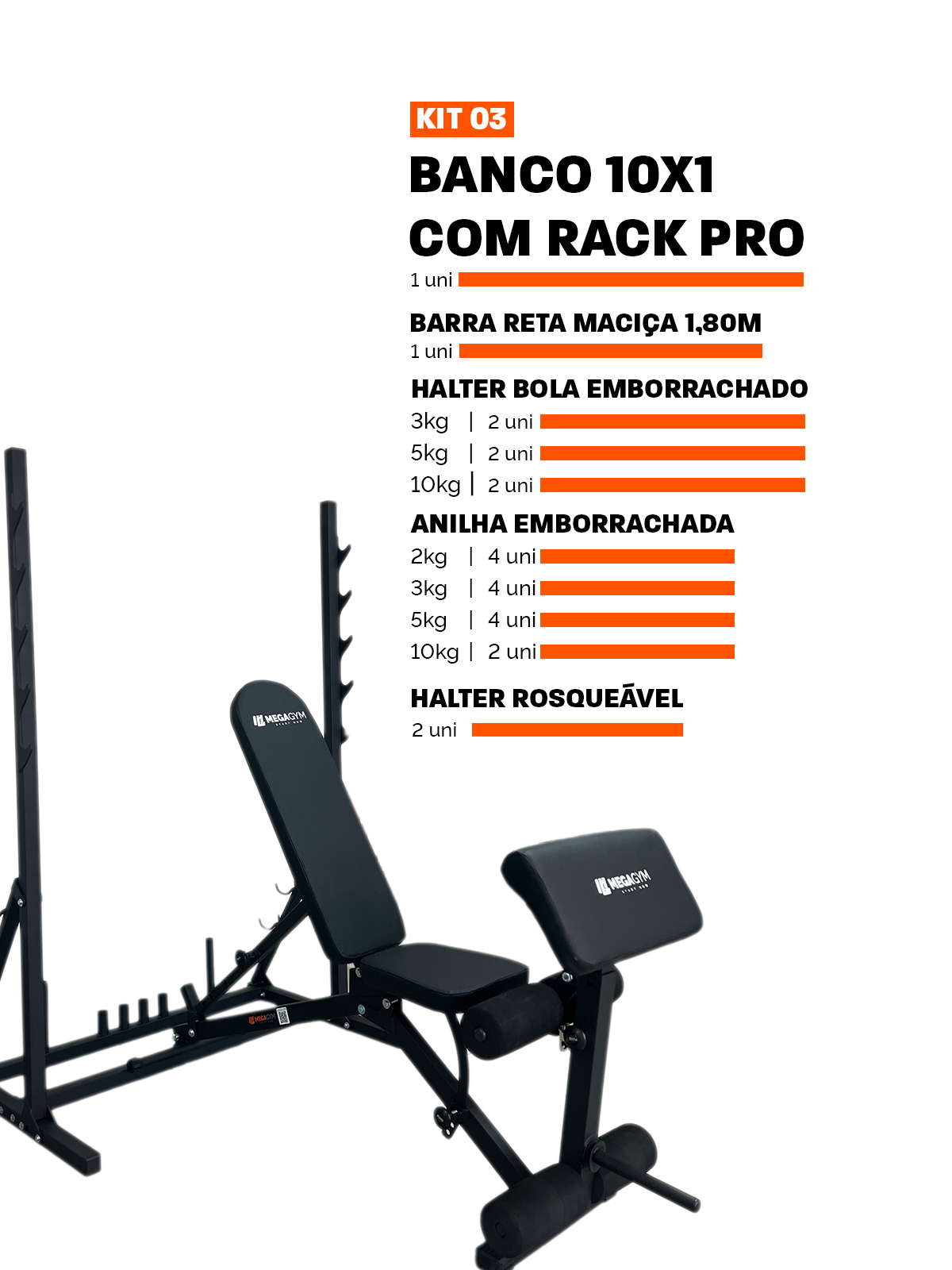 Banco Regulável 10x1 com Cadeira Extensora + Scott + Rack Agachamento