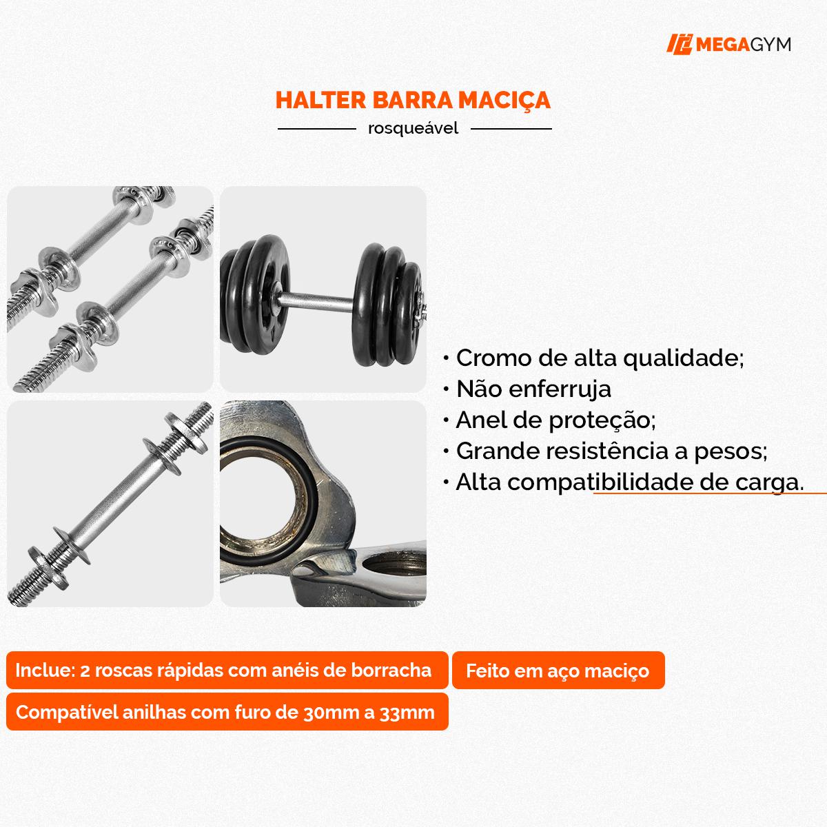 HALTER BARRA MACIÇA C/ ROSCA 35CM CROMADA - DIAM. 25,40MM-MEGAGYM