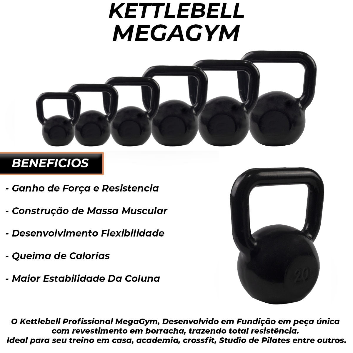 Kit Academia com 108Kg de Kettlebells Emborrachado-MEGAGYM