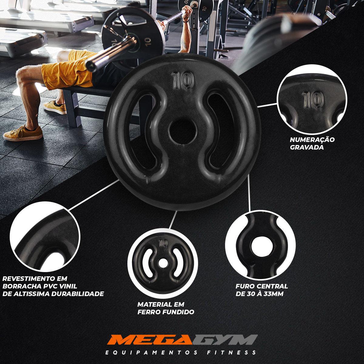 Kit Musculação Com Barra Maciça 1,50M + 40kg Anilhas Emborrachadas-MEGAGYM