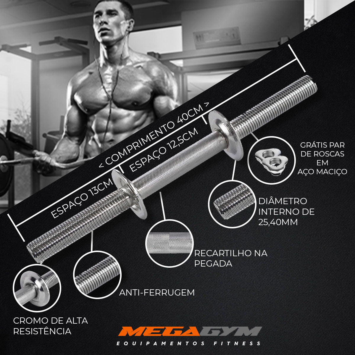 Kit Treino Com Par Halteres Barra 40cm + 24kg Anilhas Sport Emborrachadas-MEGAGYM
