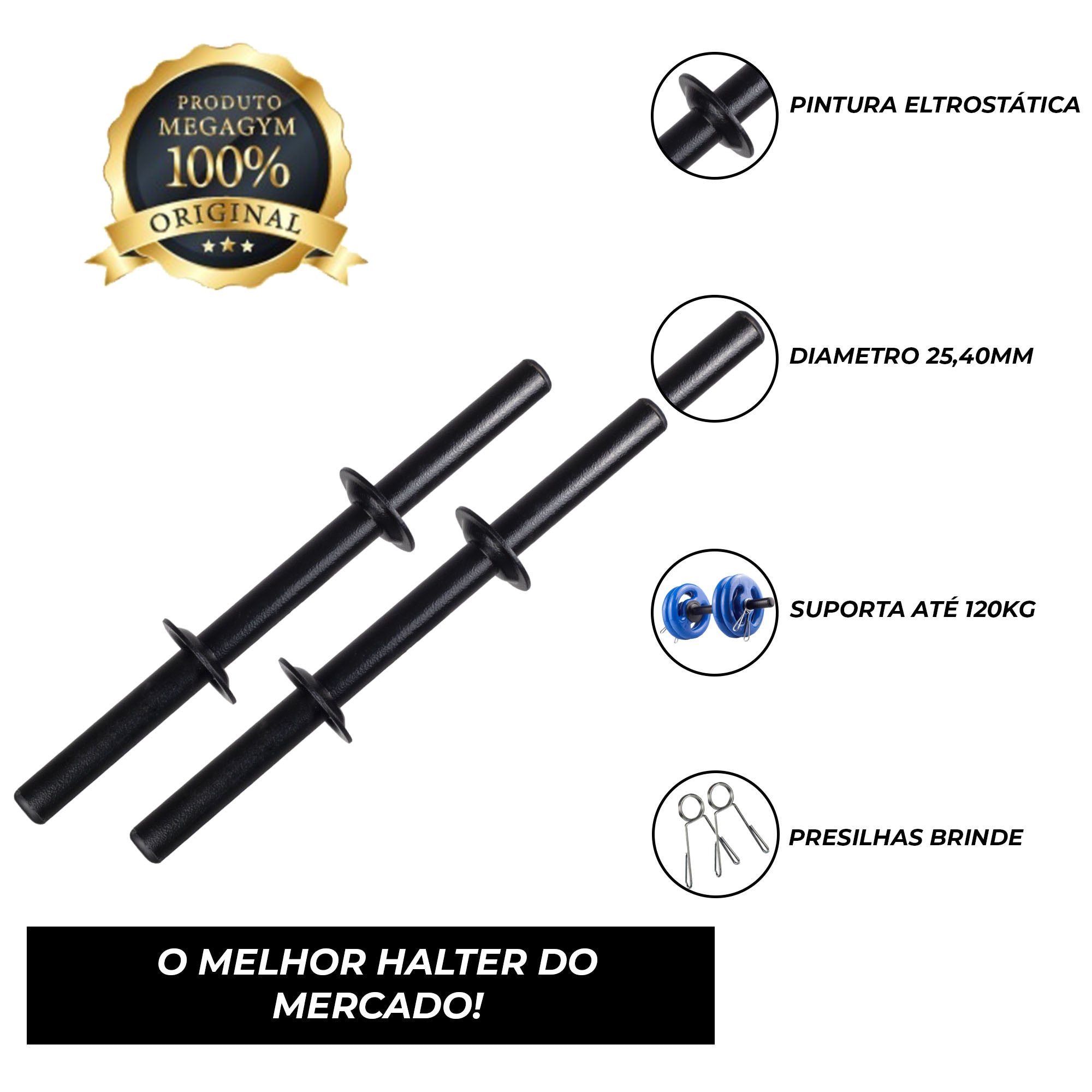 Kit Treino Com Par Halteres Barra Oca 40cm + 20kg Anilhas Sport Pintadas-MEGAGYM
