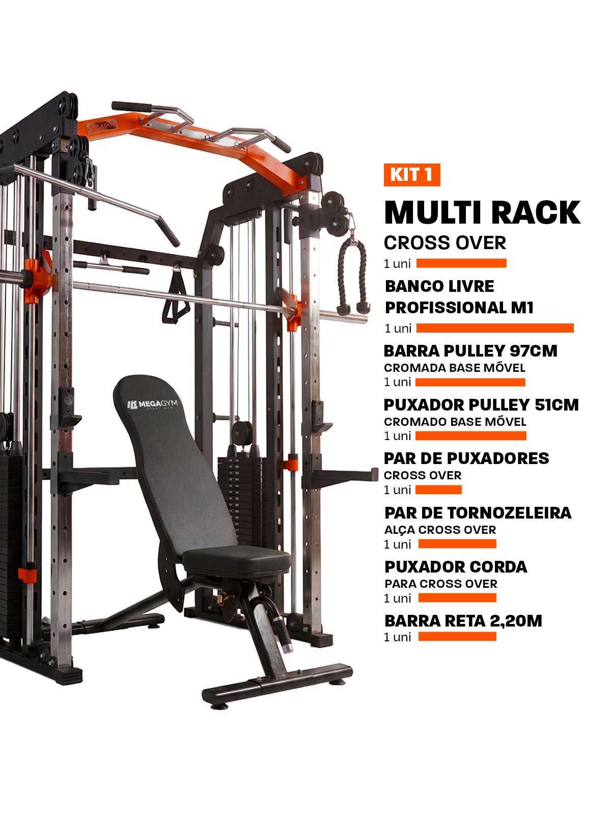 Kit 1 Multi Crossover Smith Com Rack Integrado + Barra Guiada - MegaGym
