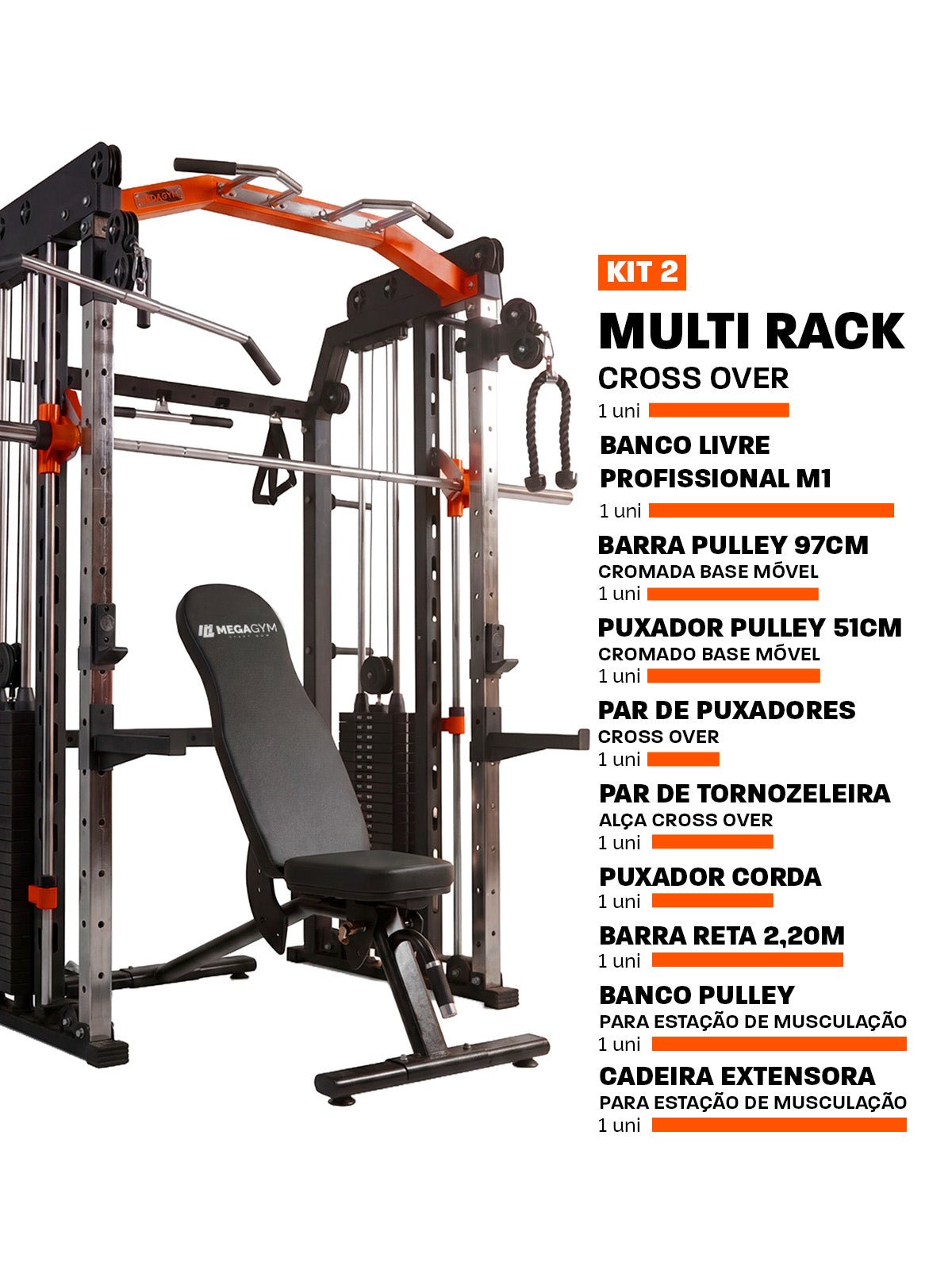 Kit 2 Multi Crossover Smith Com Rack Integrado + Barra Guiada - MegaGym