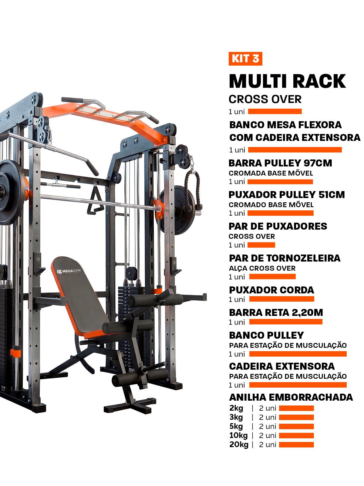 Kit 3 Multi Crossover Smith Com Rack Integrado + Barra Guiada - MegaGym