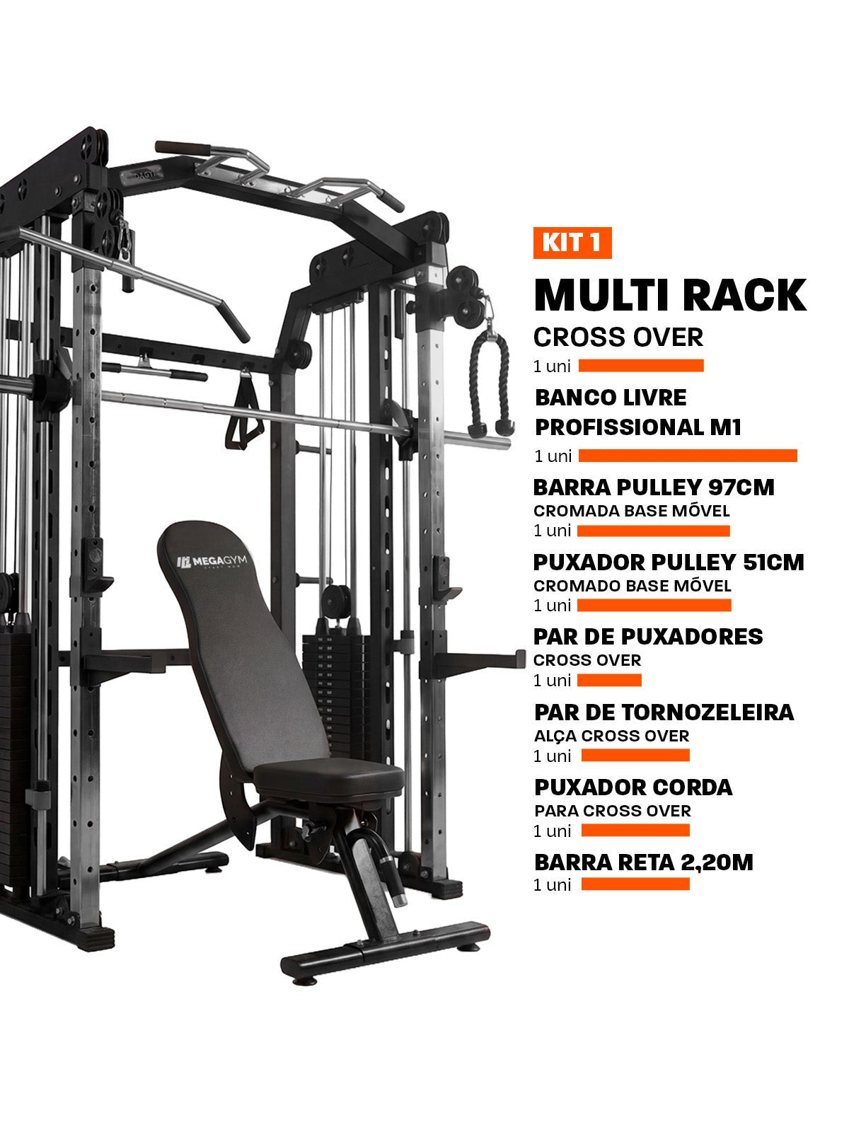 Kit 1 Multi Crossover Smith Com Rack Integrado + Barra Guiada - MegaGym