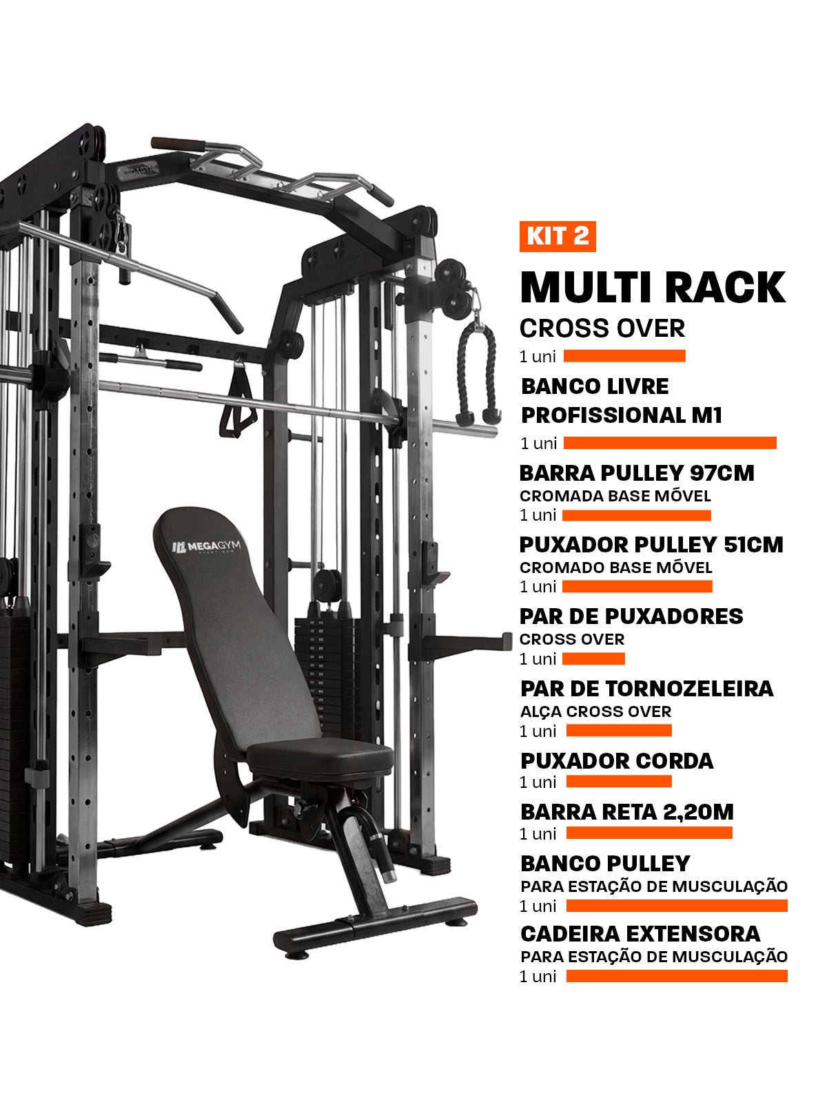 Kit 2 Multi Crossover Smith Com Rack Integrado + Barra Guiada - MegaGym