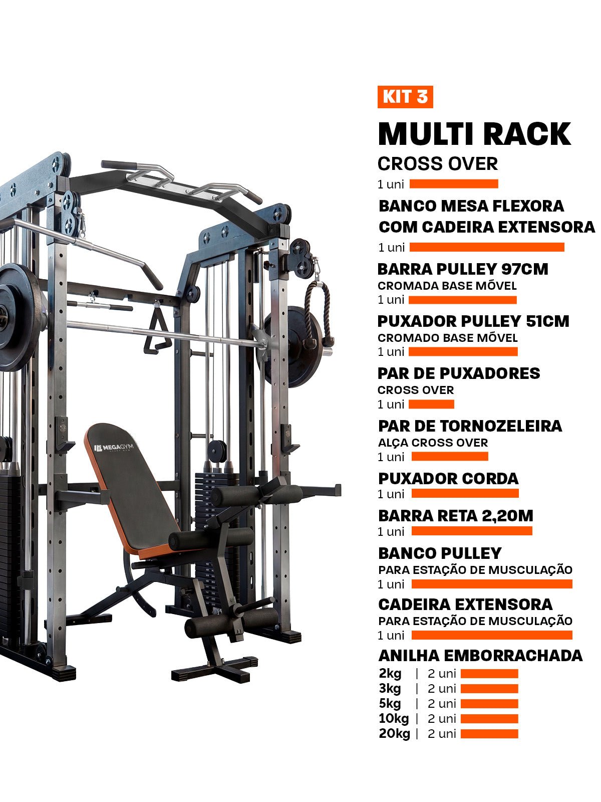 Kit 3 Multi Crossover Smith Com Rack Integrado + Barra Guiada - MegaGym