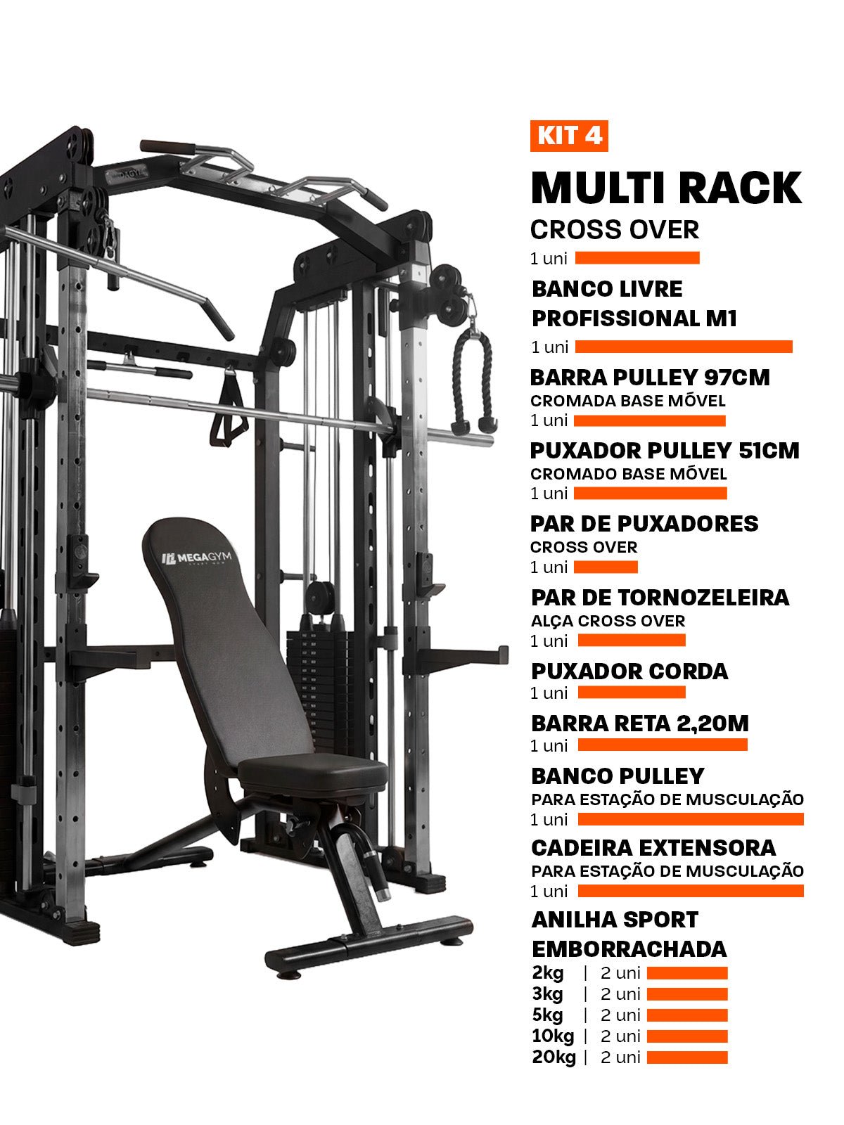 Kit 4 Multi Crossover Smith Com Rack Integrado + Barra Guiada - MegaGym