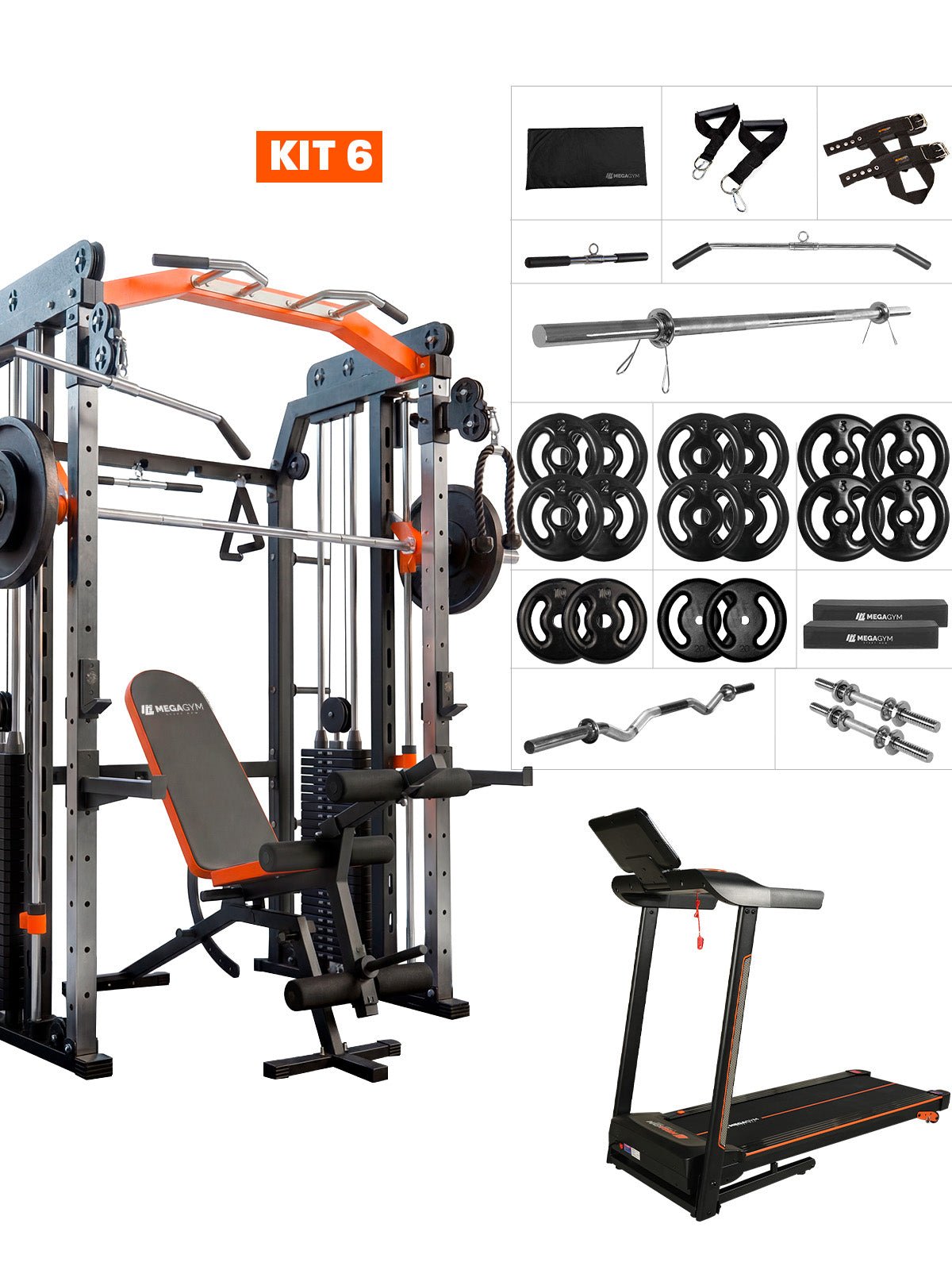 Kit 6 Multi Crossover Smith Com Rack Integrado + Barra Guiada - MegaGym