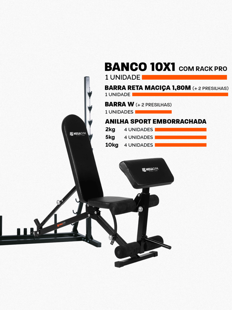 Banco Regulável 10x1 com Cadeira Extensora + Scot + Rack Agachamento