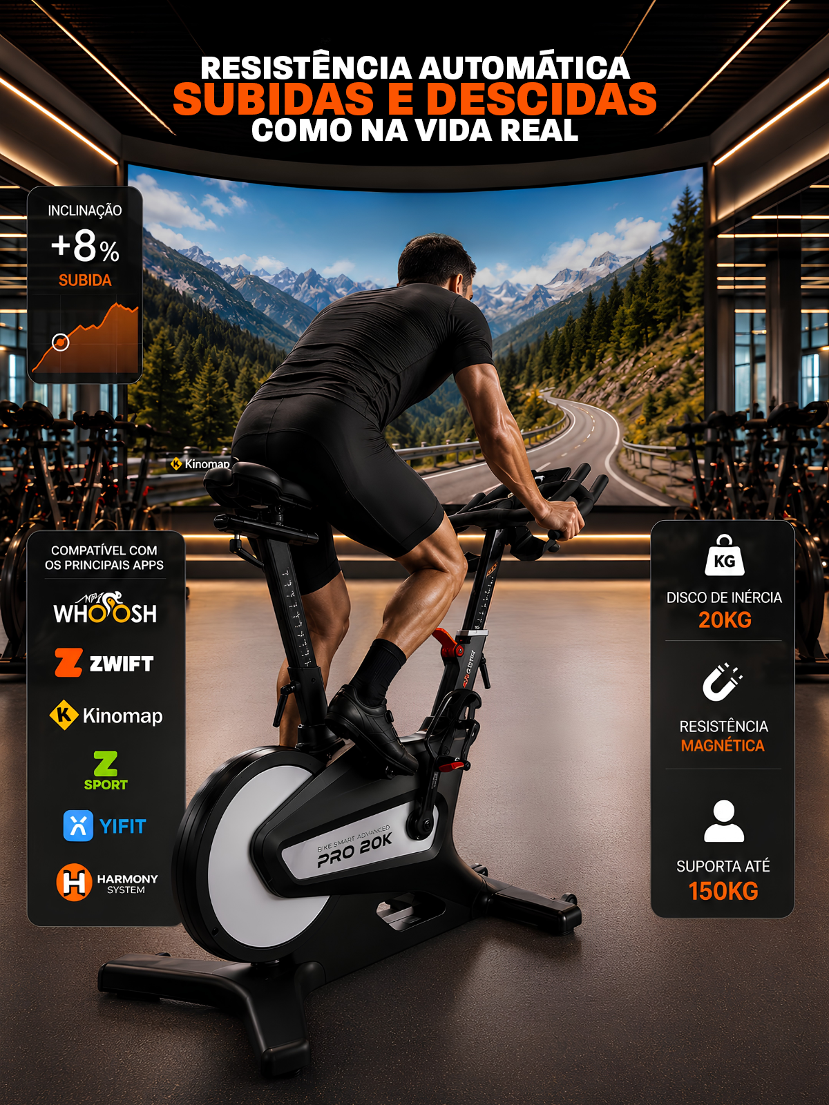 Bike Profissional Smart Advanced Pro 20K | Ajuste Automático De Intensidade | Disco De Inercia 20K | Suporta 150Kg