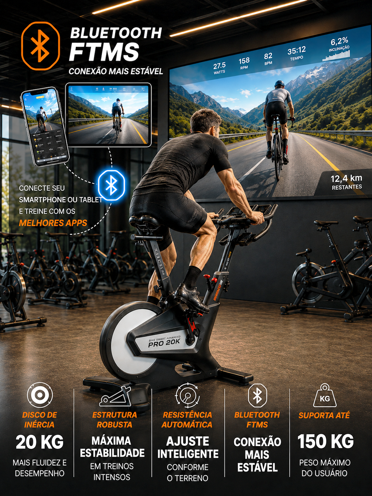 Bike Profissional Smart Advanced Pro 20K | Ajuste Automático De Intensidade | Disco De Inercia 20K | Suporta 150Kg