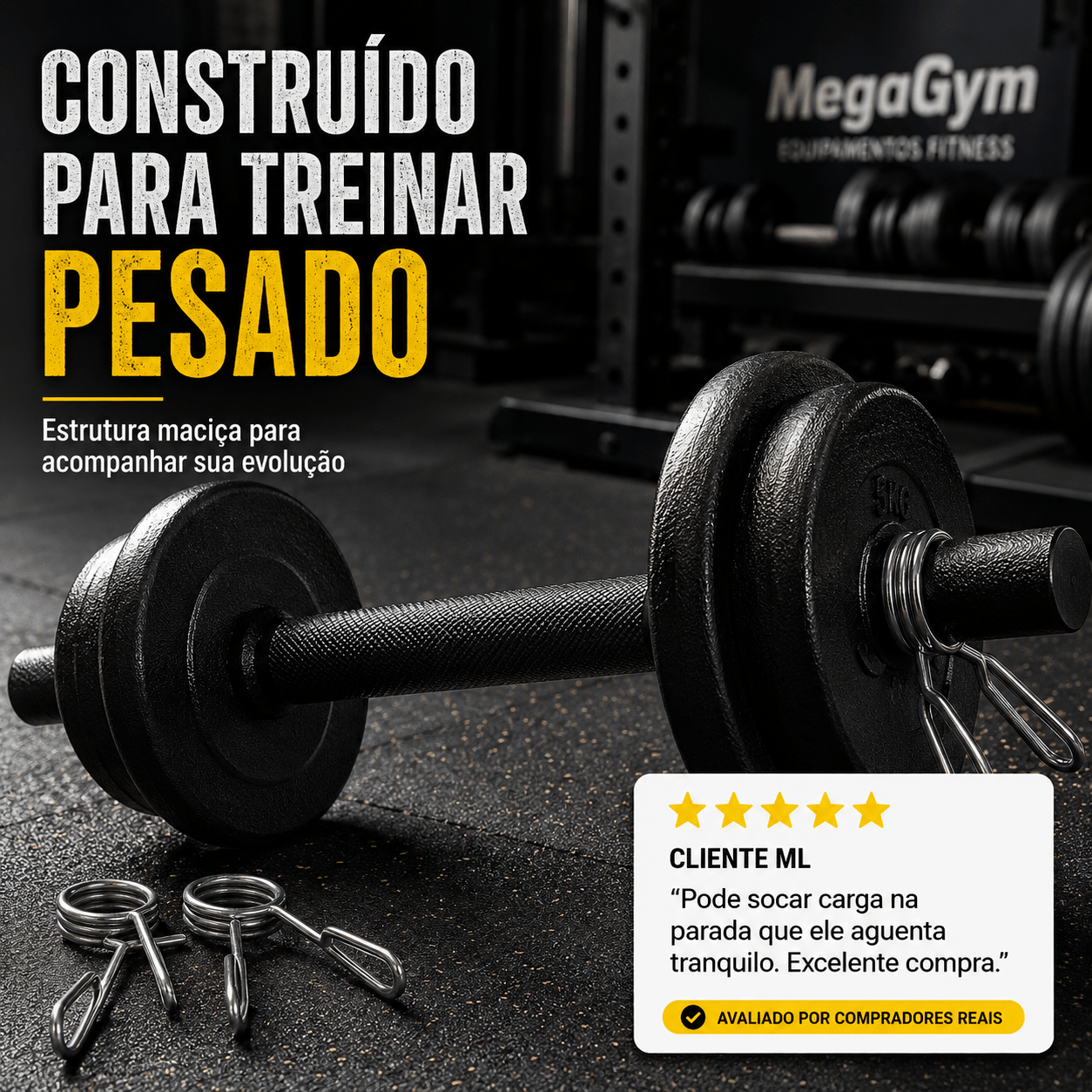 Halter Maciço 40cm Preto com Presilhas - Ø28,57mm - MegaGym